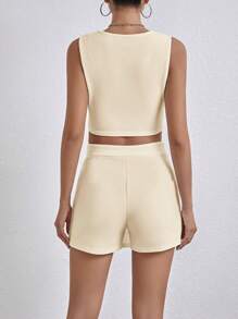SHEIN Leap Crew 少女纯色吊带背心 + 短裤套装，度假 2 件套 - 杏色 - 查看 2