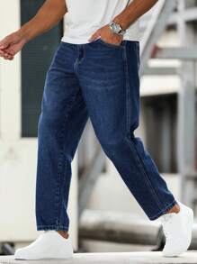 Manfinity Homme Men's Pocket Straight Loose Casual Versatile Jeans - Dark Wash - View 3