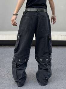 Manfinity EMRG 男式休闲洗水宽松工装牛仔裤 - 黑色 - 查看 4