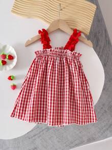 Vestido de verano para niñas, Nuevo llegado vestido de tirantes de niña bebé a cuadros con estampado lindo de fresa, verano - Rojo - Ver 7