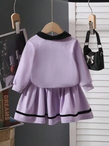 SHEIN 灰色长袖女婴蝴蝶结连衣裙套装 - 紫色 - 查看 2