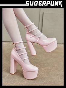 Sugerpunk High Platform Strap Roman Pumps For Ladies, Chunky Heel Stage Shoes Spring Shoes Spring Break Easter Prom Heels - Pink - View 7