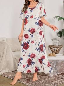 Bubble Ruffle Trim Floral Print Long Nightgown - Multicolor - View 3