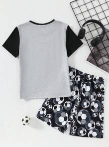SHEIN 2pcs/Set Tween Boys Top With Floral Grey & Black Patchwork Short Sleeve, Front Prints & Bottoms Football Shorts Pajama Set,Summer,Travel - Multicolor - View 2