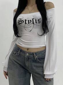 DAZY Off Shoulder Letter Print Tight-Fit Lange Mouw Dames T-shirt