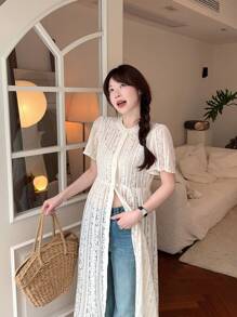 DAZY 女式休闲V领宽松中长蕾丝连衣裙太阳裙 - 杏色 - 查看 7