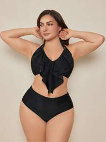 SHEIN Swim Curve مجموعة بكيني نسائية بسحابات كبيرة الحجم - الأسود - مشاهدة 6