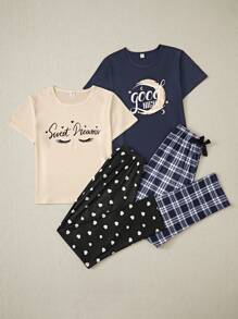4pcs Teenage Girls Casual Fashion Heart, Eyelash, Moon, Letter Printed Brown Plaid Long Pants And Short Sleeve Pajama Set  Summer Kids Youth Girl Clothes Youth Girls Clothes Young Girl Pajama Pj Set For Kids Pj Sets For Teen - Apricot - View 6