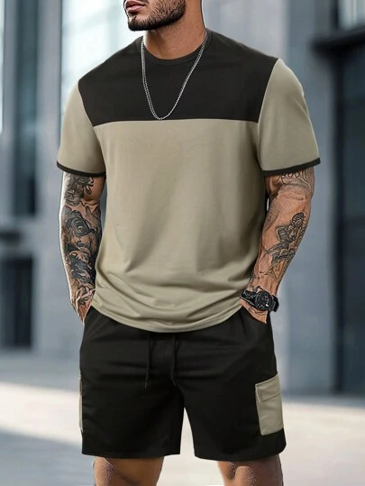 Manfinity Homme 男士撞色拼布短袖 T 恤和工装短裤套装 男士服装 男士 T 恤套装，舒适服装