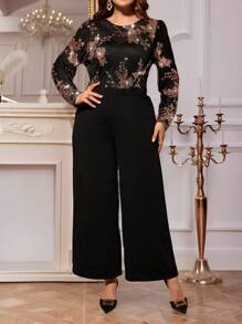 SHEIN Clasi Mono elegante con parches de lentejuelas de talla grande para fiestas - Dorado - Ver 7