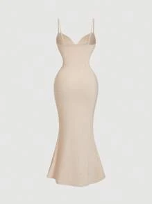 SHEIN MOD Plus Size Apricot Plunging Neckline Fitted High Slit Dress, Plus Size Formal Gown.Party Dress - Apricot - View 2