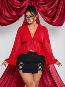 SHEIN ICON 大码酒红色 V 领蝴蝶结娃娃衫，情人节款 - 酒紅色 - 查看 5