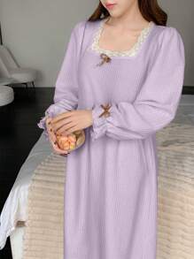 DAZY Sweet Textured Fabric Lace Patchwork Square Neck Ruffle Hem Nightgown - Purple - View 4