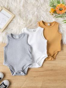 SHEIN Leap Crew 3pcs Set Baby Boys Bodysuit, Sleeveless Solid Color Knitted Open Crotch Bodysuit - Multicolor - View 5