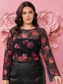 SHEIN LUNE 加大码圆领长袖蕾丝玫瑰印花上衣，适合情人节度假装，女士夏季服装 - 黑色 - 查看 3