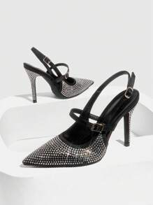 CUCCOO SZL Sexy Pointed-Toe Crystal Embellished Slingback Stiletto High Heel Shoes, Black, Suitable For Party, Club Wear Spring Shoes Spring Break Easter Prom Heels - Black - View 6