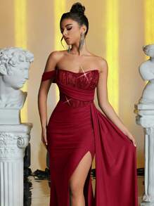 Glamrae Elegant & Luxurious Sequin & Lace Patchwork Elastic Knit Fish Bone Pleat Slit Fish Tail Hem Dress With Side Draped Panels, Wedding Guest Dress, Suitable For Weddings, Parties, Vacations, Formal Events, Party Dress, Evening Dress,Gown - Burgundy - View 4