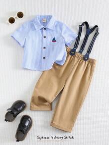 Cozy Pixies 2pcs Infant/Baby Boy Set - Sailboat Print Colorful Striped Collared Long Sleeve Cardigan And Overalls - Multicolor - View 1