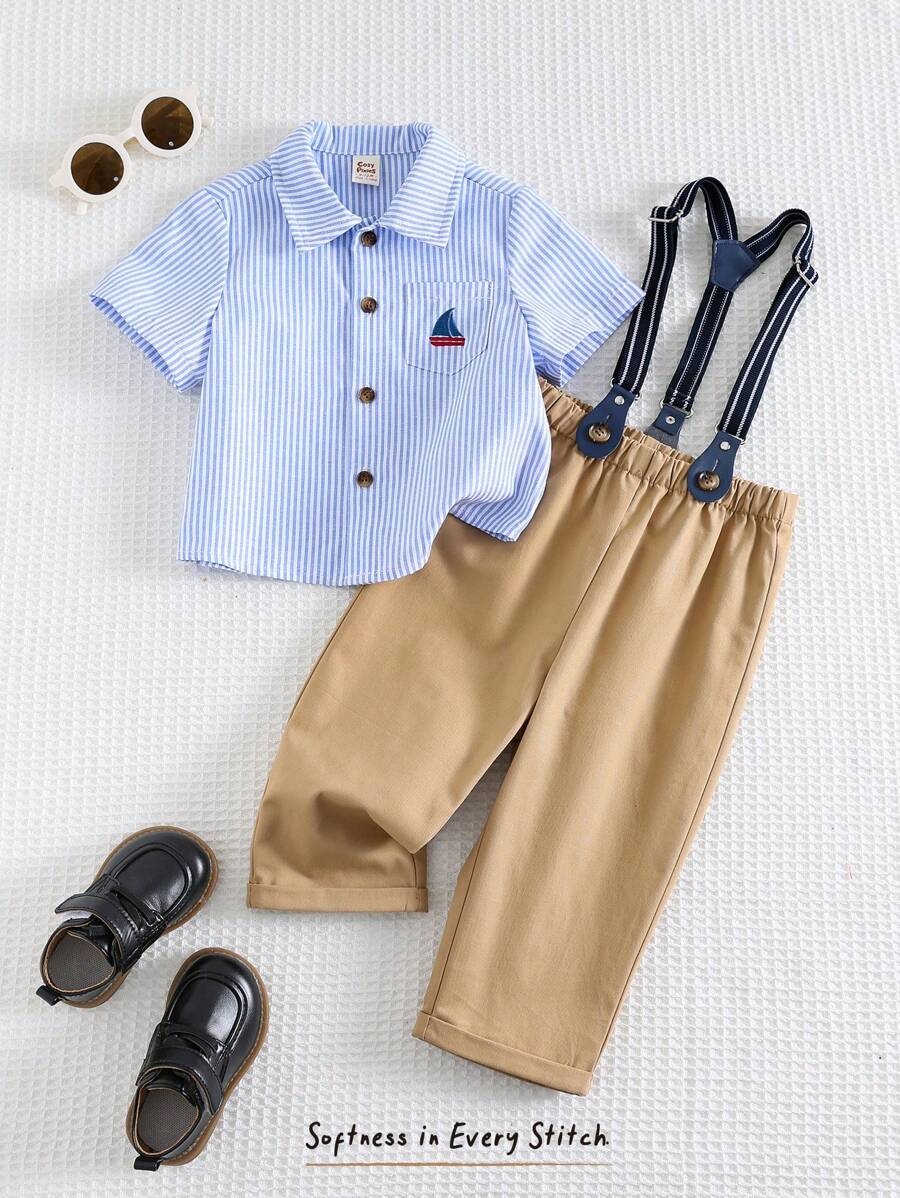 Cozy Pixies 2pcs Infant/Baby Boy Set - Sailboat Print Colorful Striped Collared Long Sleeve Cardigan And Overalls - Multicolor - View 1