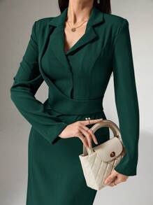 Heiryn Đầm dài tay màu trơn dài vừa phải cho nữ, thời trang tối giản để mặc hàng ngày - Màu xanh lá cây đậm - Xem 5