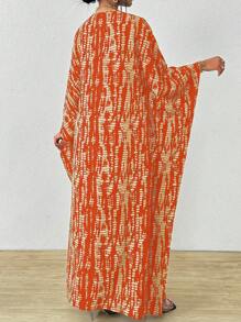 SHEIN Clasi 女士条纹蝙蝠袖 V 领开衩长衬衫罩衫连衣裙长款女装 - 橘色 - 查看 2