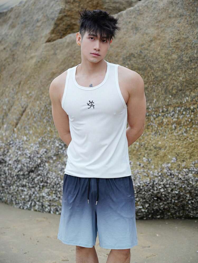 Men's Ombre Color Drawstring Waist Casual Shorts, Summer