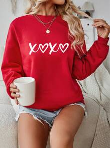 SHEIN LUNE Heart Simple Graphic Printed Loose Fit Crew Neck Long Sleeve Sweatshirt, Plus Size - Red - View 1
