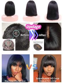 Straight Natural Scalp Raw Human Hair HD Lace Bob With Bang 150% Density Glueless HD 2x1 Lace Bob With Bang Glueless Wigs - SNatural - View 6