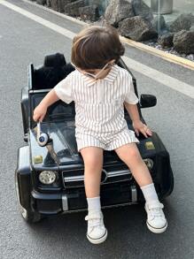 SHEIN 男婴/女婴彩色条纹双面领二合一短袖上衣和松紧腰短裤两件套，夏季休闲时尚，适合街头服饰、家居， - 彩色 - 查看 5