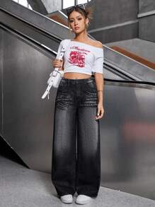 SHEIN Explorewe Teen Girl Rhinestone Accent Wide Leg Jeans, Street Style Cool - Black - View 4