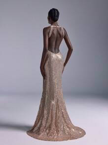 Elitara 优雅香槟色奢华亮片细肩带低领露背性感美人鱼风格正式晚礼服、派对礼服、婚礼宾客礼服、晚礼服 - 香檳色 - 查看 4