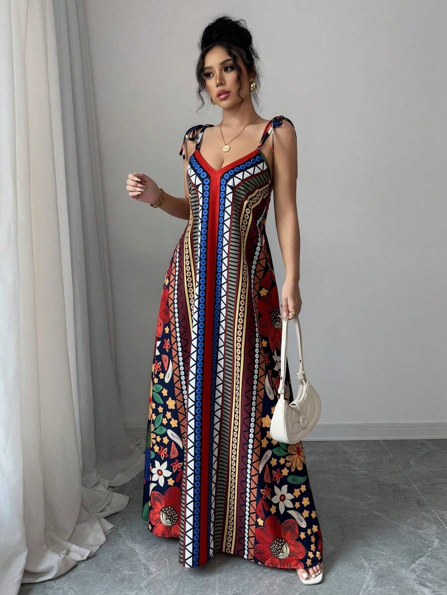 Breezaya Women's Casual Personalized Placement Print Spaghetti Strap Maxi Length Holiday Dress - Multicolor - View 1