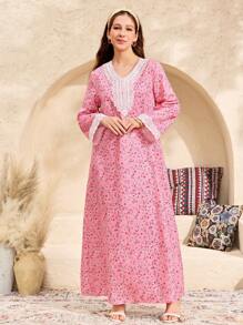 SHEIN Teen Girl Pink Ditsy Floral Robe With Ruffled Collar, Vacation/Travel, Spring & Summer - Pink - View 3