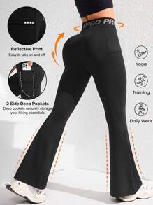 Easithlete Women's Letter Webbing Pocket Yoga Flare Pants, Sports Leggings