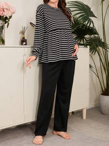 Moonlight&Mama 2 件套针织条纹哺乳孕妇圆领长袖上衣和可调节腰围裤子睡衣套装 - 黑與白 - 查看 4
