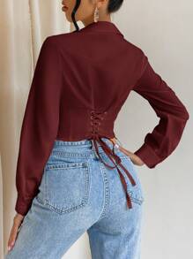 SHEIN Privé Casual Solid Color Criss Cross Tie Front Cropped Shirt - Burgundy - View 2
