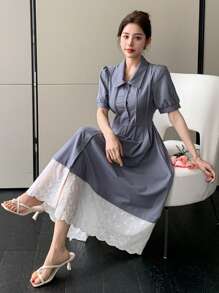 DAZY Vestido camisero de mujer midi con mangas abullonadas y bloques de color para usar al aire libre