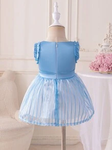 Glamorique Kids Spring/Summer Azure Blue Ruffle Trim Striped Organza Midi Dress - Baby Blue - View 2