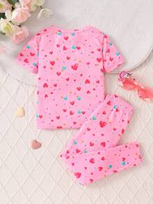 2pcs/Set Young Girl Cute Heart & Unicorn Print Short Sleeve T-Shirt And Pants Set, Glow In The Dark, Suitable For Outdoor Wear Summer Holiday