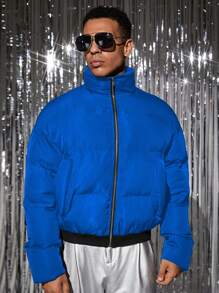 Manfinity VCAY 年轻男士时尚休闲日常奢华 PU 皮革修身长袖夹棉大衣，适合秋冬 - 寶藍色 - 查看 3