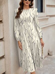 SHEIN Clasi Đầm ôm sát cổ tròn tay dài họa tiết chấm bi sọc đơn giản, phù hợp cho mùa xuân và mùa thu - Màu be - Xem 3