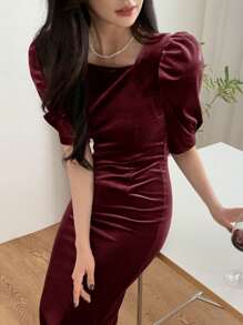 DAZY 女士纯色方领泡泡袖酒红色优雅连衣裙 优雅红色女士连衣裙 圣诞节舞会礼服 长款连衣裙 - 酒紅色 - 查看 4
