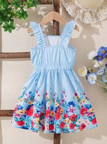 Young Girls Sweet Floral Print Stripe Sleeveless Dress, Young Girl Garden Style Vacation Princess Long Dress, Suitable For Daily Wear Or Outdoor Play, Young Girl Formal Dress - Blue - View 2