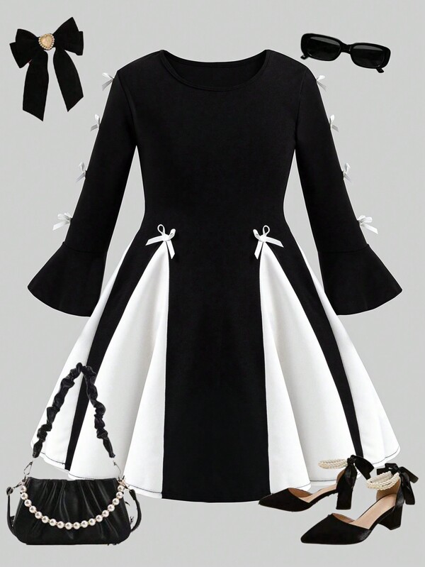 Young Girl Bow Decor Round Neck Long Sleeve Color Block Elegant Black And White Dress, Suitable For Daily Wear And Party