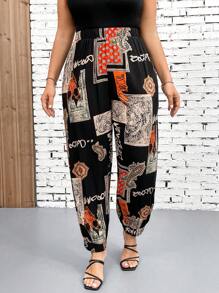 Breezaya Plus Size Women Vintage Printed Drawstring Casual Vacation Pants - Multicolor - View 4