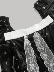 SHEIN MOD Black Star Sky Print Gigot Sleeve Velvet Dress With White Lace Bow And Floral Trim,Valentine's Day,Vacation Outfits Woman,Birthday Dresses For Women,Valentine's Day Dress,Mardi Gras Outfit,Easter Dress,Cruise Attire,Old Money Style Women,Concert Outfit Women,Tea Party Outfit,Country Concert Outfit,Date Night Outfits Women,Gothic Women Clothes
