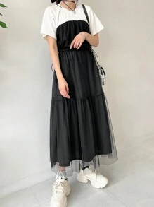 FRIFUL 女式拼色腰部修身中长连衣裙 - 黑色 - 查看 6