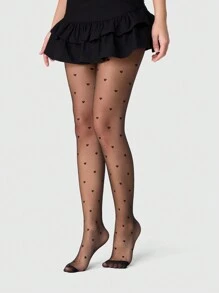 ROMWE Kawaii 1 Pair Women All Season Black Heart Pattern Tights - Black - View 4