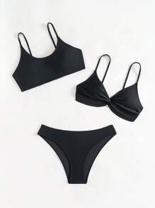 SHEIN Swim Summer Solid Color Minimalist Bikini Set, Suitable For Beach & Vacation - Black - View 5