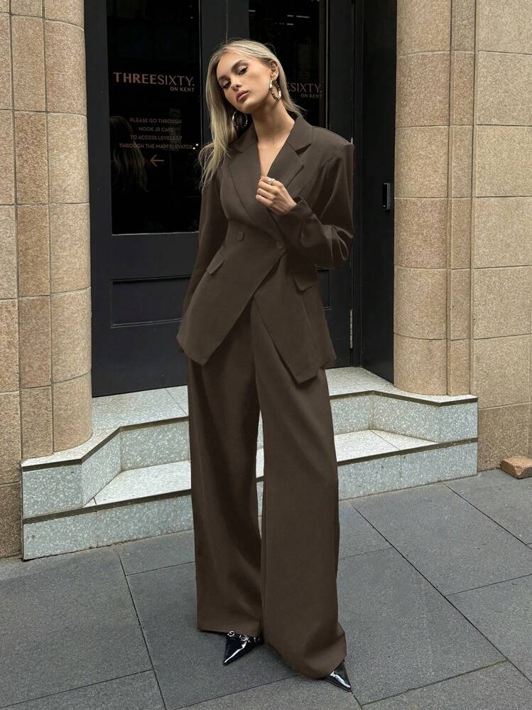 Aloruh Women's Notched Collar Jacket And Pants Commuting Daily Basic Business Suit Set In Fall/Winter | SHEIN